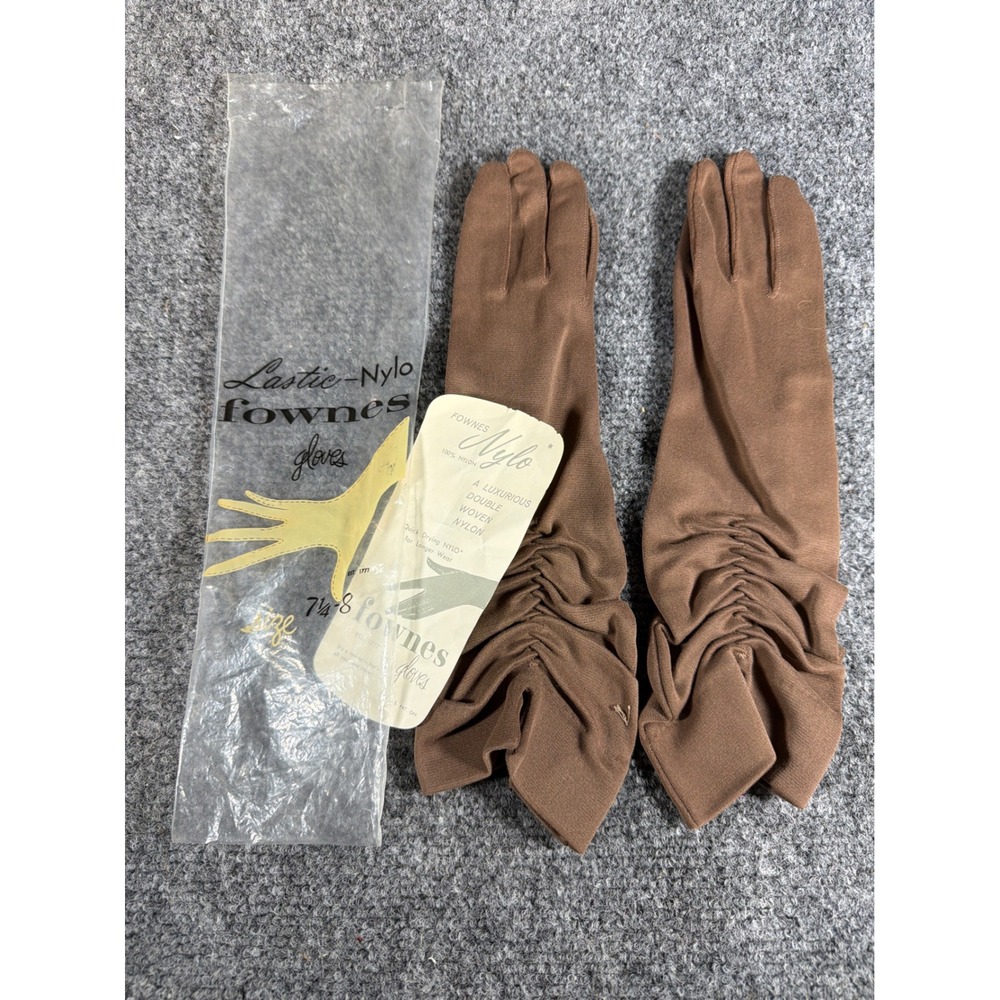 Vintage Fownes Lastic-Nylo Brown Ruched Double Woven Gloves NIB Size 7.25-8